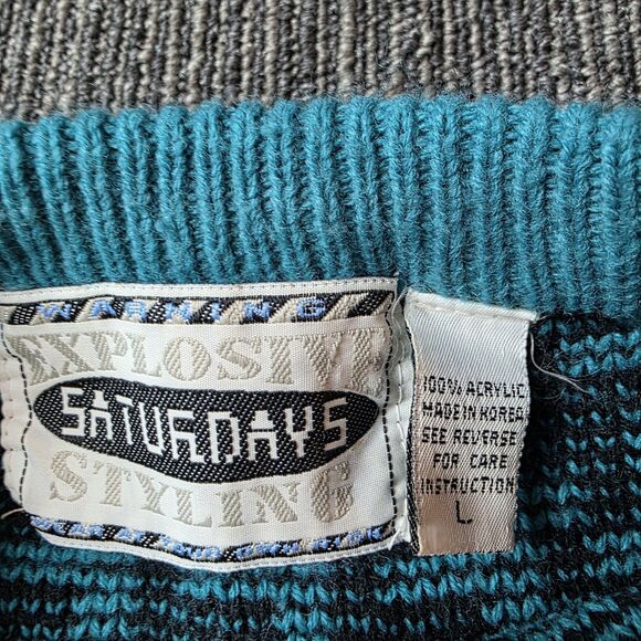 Vintage 90's 80's Houndstooth Checkered Sweater Size Large Black Teal Retro - Picture 4 of 7